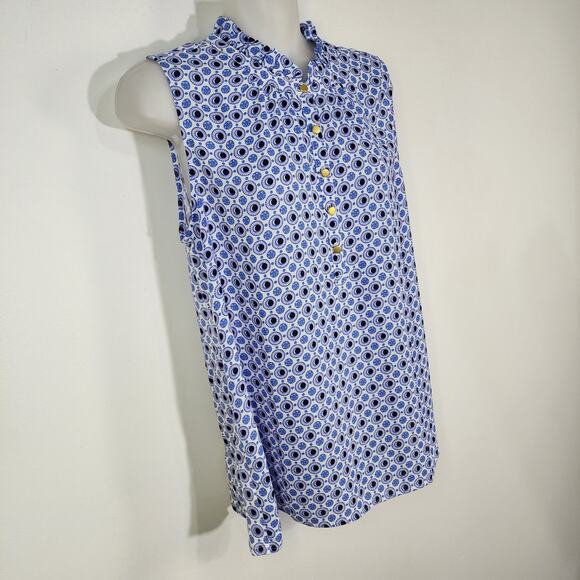 LOFT Blouse Womens Small Blue Geometric Button Popover Ruffle Neck Sleeveless - Picture 4 of 10